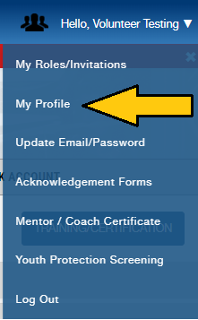 Screenshot of the account options dropdown menu with “my profile” highlighted